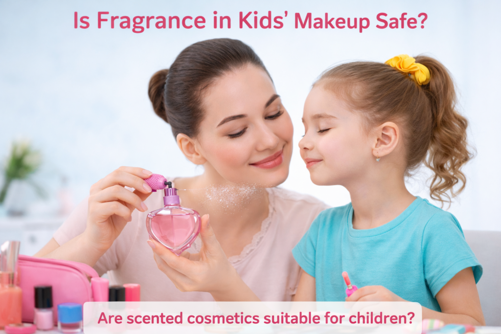 Little girl applying safe kids makeup formulated with gentle fragrance